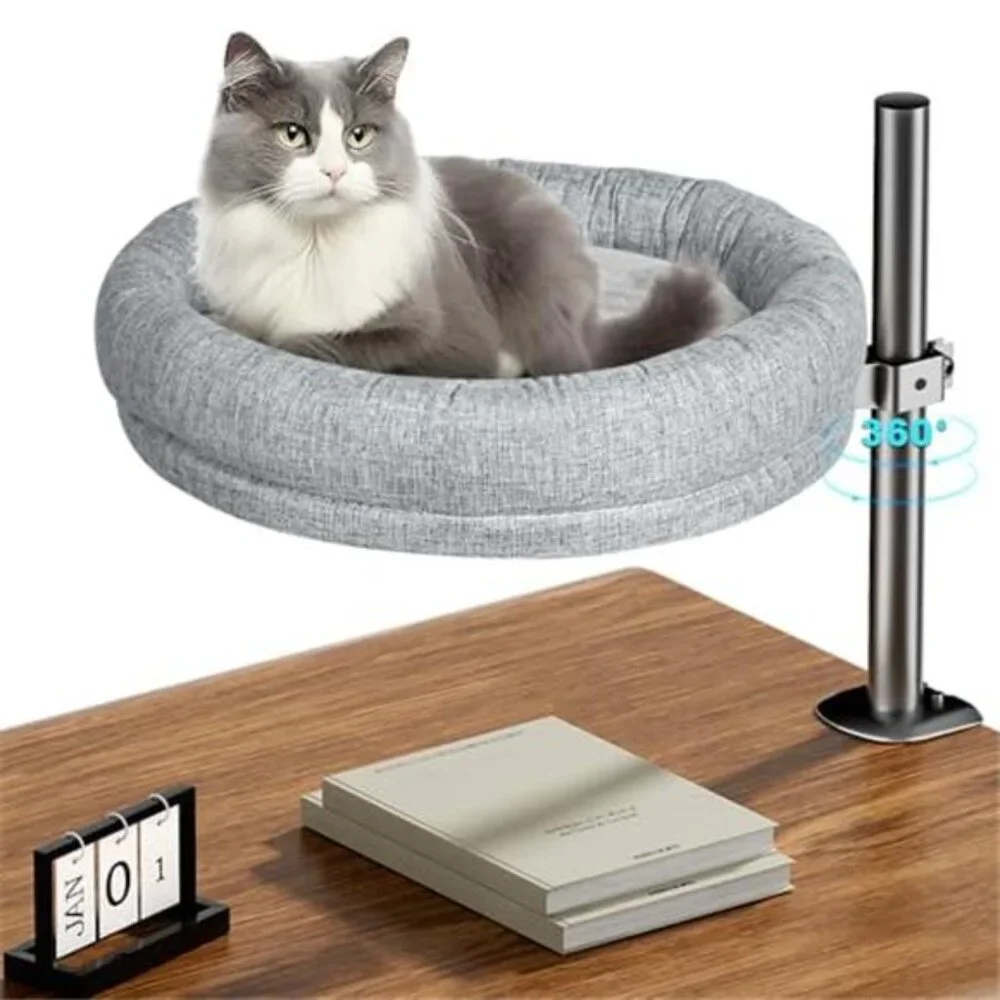 Cat Desk Bed Elevated Adjustable Height Rotating Indoor Cat Lounge Grey Up to 40